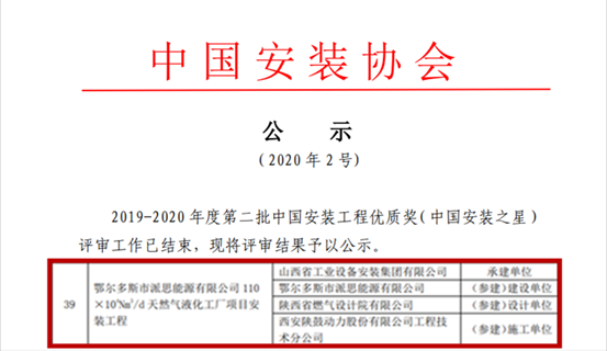 NG28总包鄂尔多斯派思能源LNG项目获“中国装置之星”奖